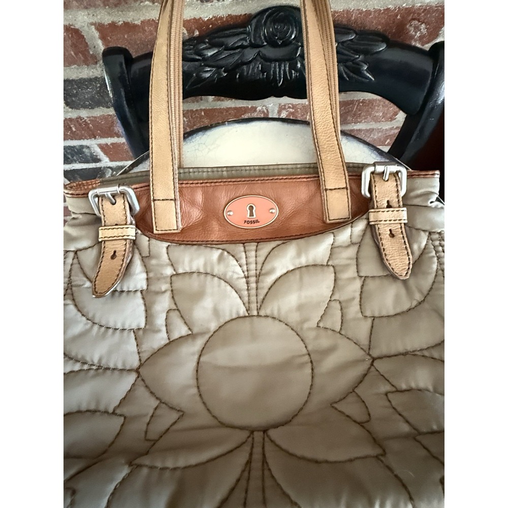 Vintage Fossil Key Per Gray Brown Quilted Tote Bag Shoulder Purse - Picture 13 of 13